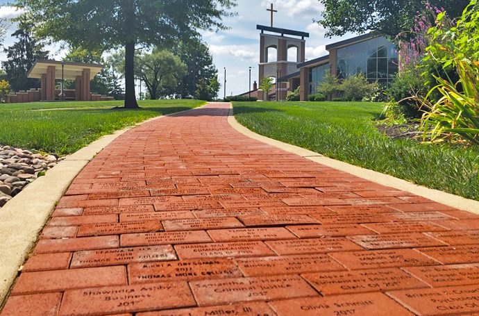 brick pavers in front of chapel